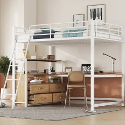 Lit Mezzanine 140x200 cm - Lit avec Rangement et Bureau en L, Lit Junior en Métal, Sans Matelas - Blanc