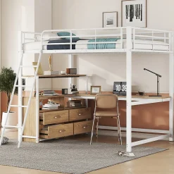 Lit Mezzanine 140x200 cm - Lit avec Rangement et Bureau en L, Lit Junior en Métal, Sans Matelas - Blanc