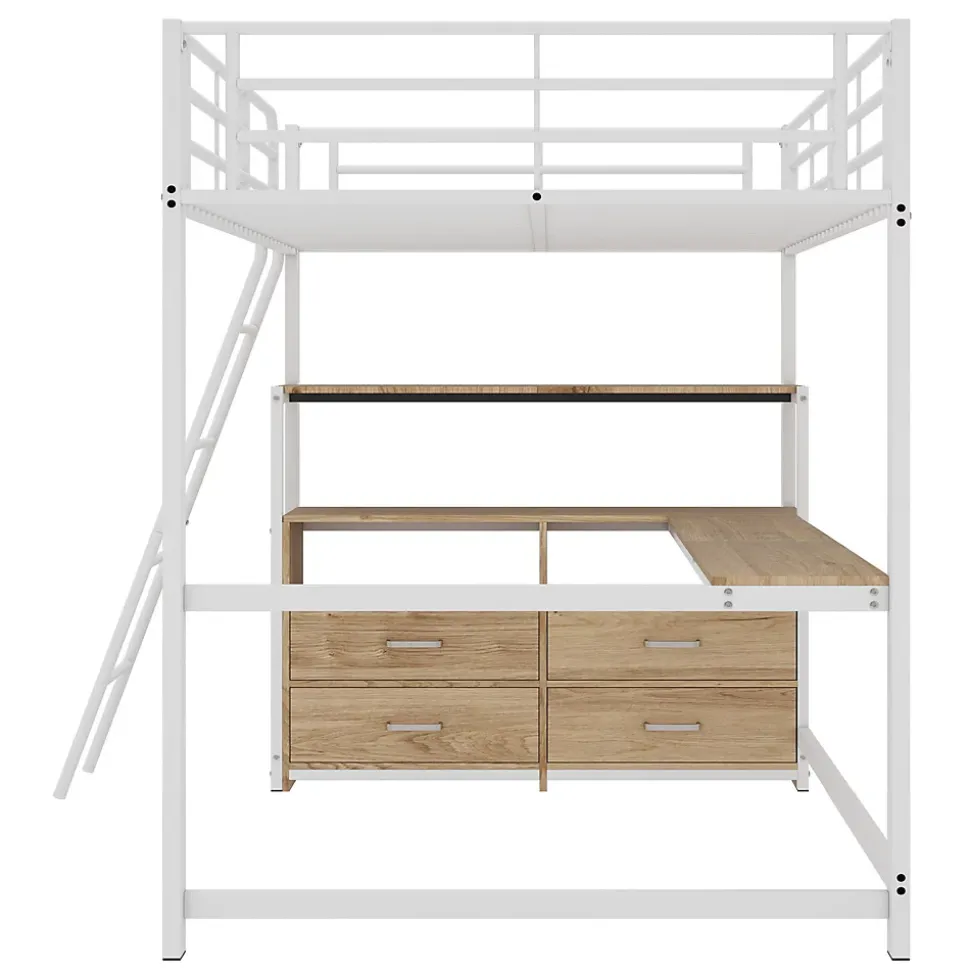 Lit Mezzanine 140x200 cm - Lit avec Rangement et Bureau en L, Lit Junior en Métal, Sans Matelas - Blanc