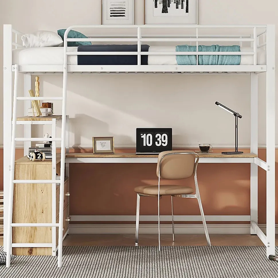 Lit Mezzanine 140x200 cm - Lit avec Rangement et Bureau en L, Lit Junior en Métal, Sans Matelas - Blanc