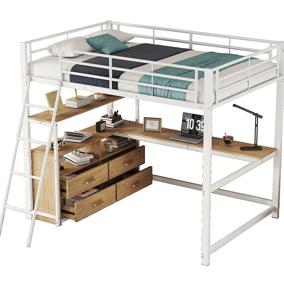 Lit Mezzanine 140x200 cm - Lit avec Rangement et Bureau en L, Lit Junior en Métal, Sans Matelas - Blanc
