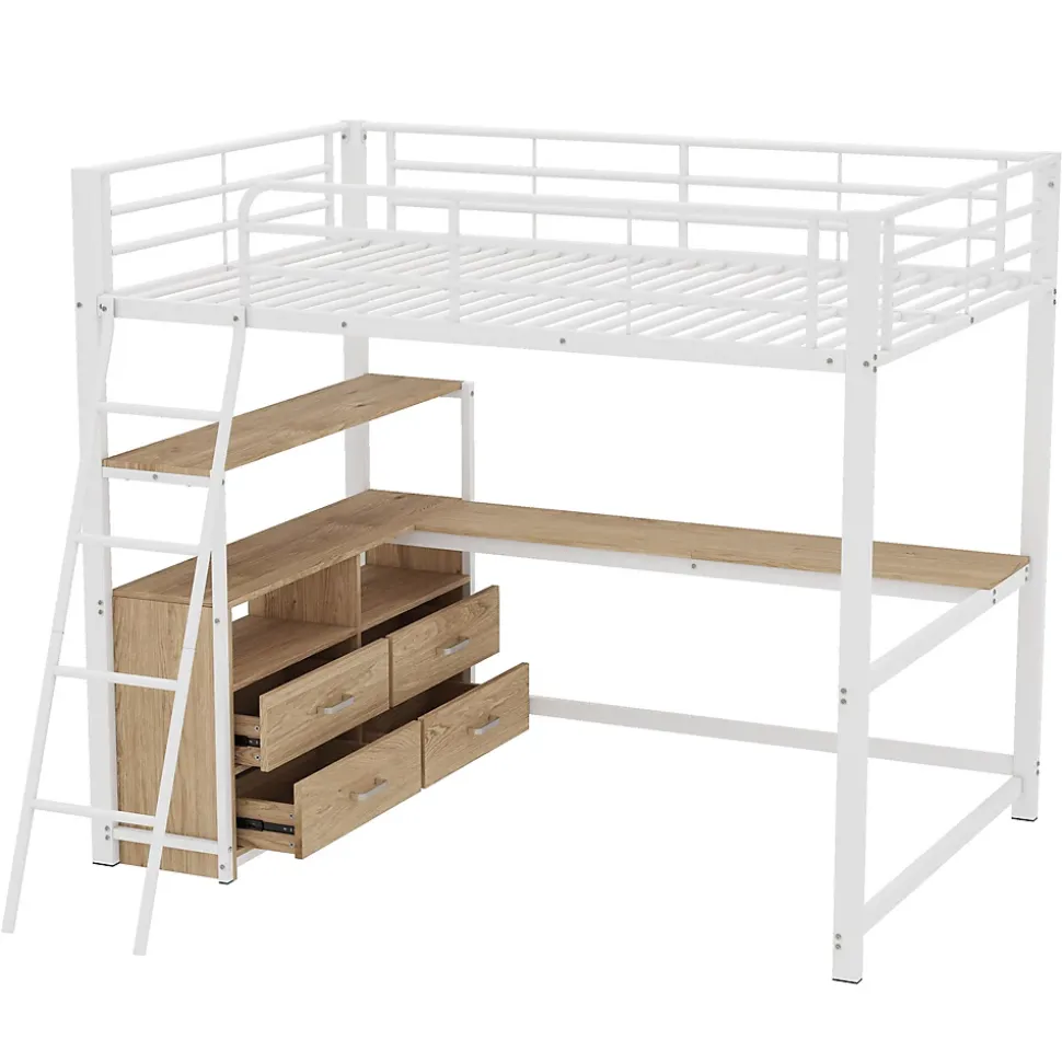 Lit Mezzanine 140x200 cm - Lit avec Rangement et Bureau en L, Lit Junior en Métal, Sans Matelas - Blanc