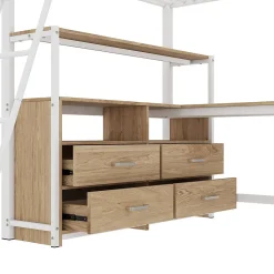 Lit Mezzanine 140x200 cm - Lit avec Rangement et Bureau en L, Lit Junior en Métal, Sans Matelas - Blanc