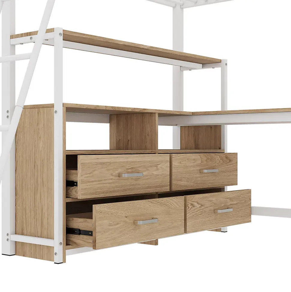 Lit Mezzanine 140x200 cm - Lit avec Rangement et Bureau en L, Lit Junior en Métal, Sans Matelas - Blanc