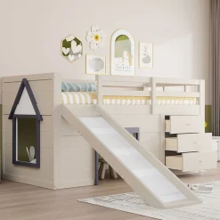 Lit mezzanine 90x200 cm - Lit avec rangement et toboggan - MDF et Pin - Sans matelas - Crème