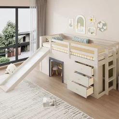 Lit mezzanine 90x200 cm - Lit avec rangement et toboggan - MDF et Pin - Sans matelas - Crème