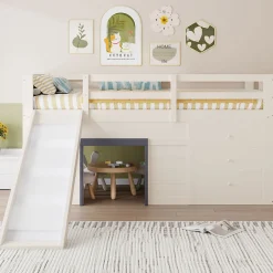 Lit mezzanine 90x200 cm - Lit avec rangement et toboggan - MDF et Pin - Sans matelas - Crème