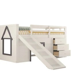 Lit mezzanine 90x200 cm - Lit avec rangement et toboggan - MDF et Pin - Sans matelas - Crème