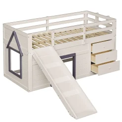 Lit mezzanine 90x200 cm - Lit avec rangement et toboggan - MDF et Pin - Sans matelas - Crème
