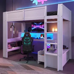 Lit mezzanine 90x200 cm - Lit avec bureau intégré et LED 16 s - Pin et MDF - Sans matelas - Blanc