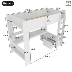 Lit mezzanine 90x200 cm - Lit avec bureau intégré et LED 16 s - Pin et MDF - Sans matelas - Blanc