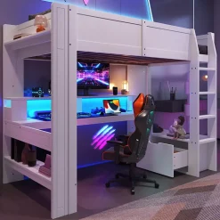 Lit mezzanine 90x200 cm - Lit avec bureau intégré et LED 16 s - Pin et MDF - Sans matelas - Blanc