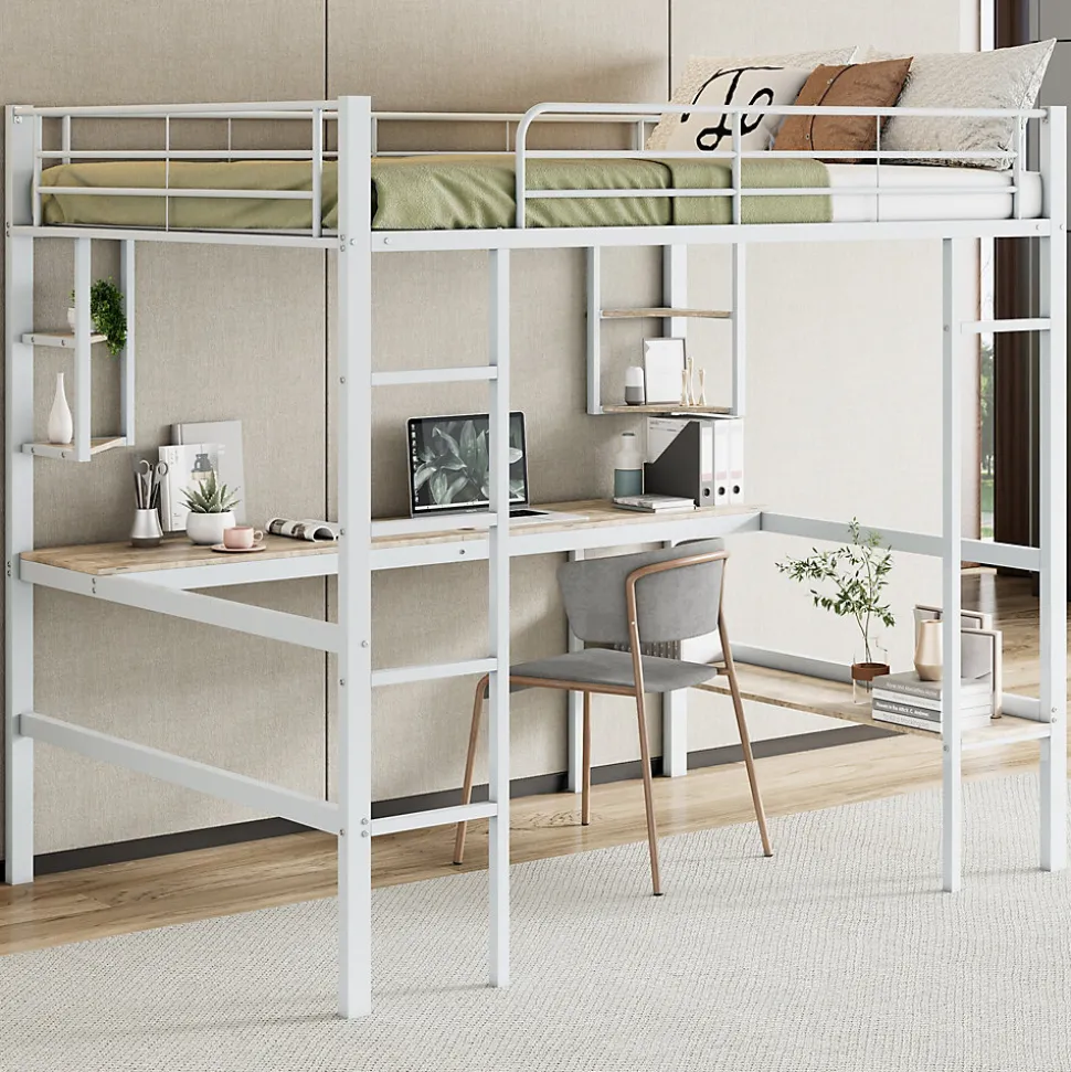 Lit mezzanine 140x200 cm - Lit avec bureau et étagères - Métal + MDF - Sans matelas - Blanc