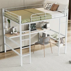 Lit mezzanine 140x200 cm - Lit avec bureau et étagères - Métal + MDF - Sans matelas - Blanc