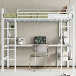 Lit mezzanine 140x200 cm - Lit avec bureau et étagères - Métal + MDF - Sans matelas - Blanc