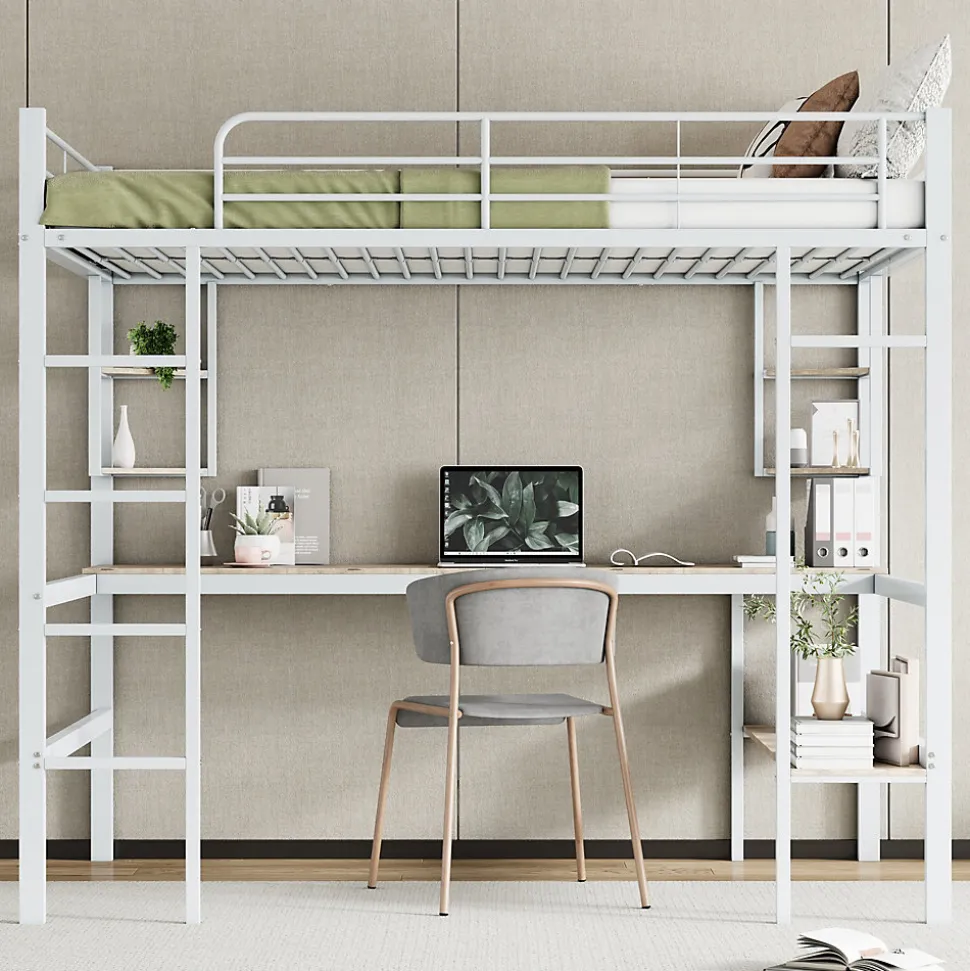 Lit mezzanine 140x200 cm - Lit avec bureau et étagères - Métal + MDF - Sans matelas - Blanc