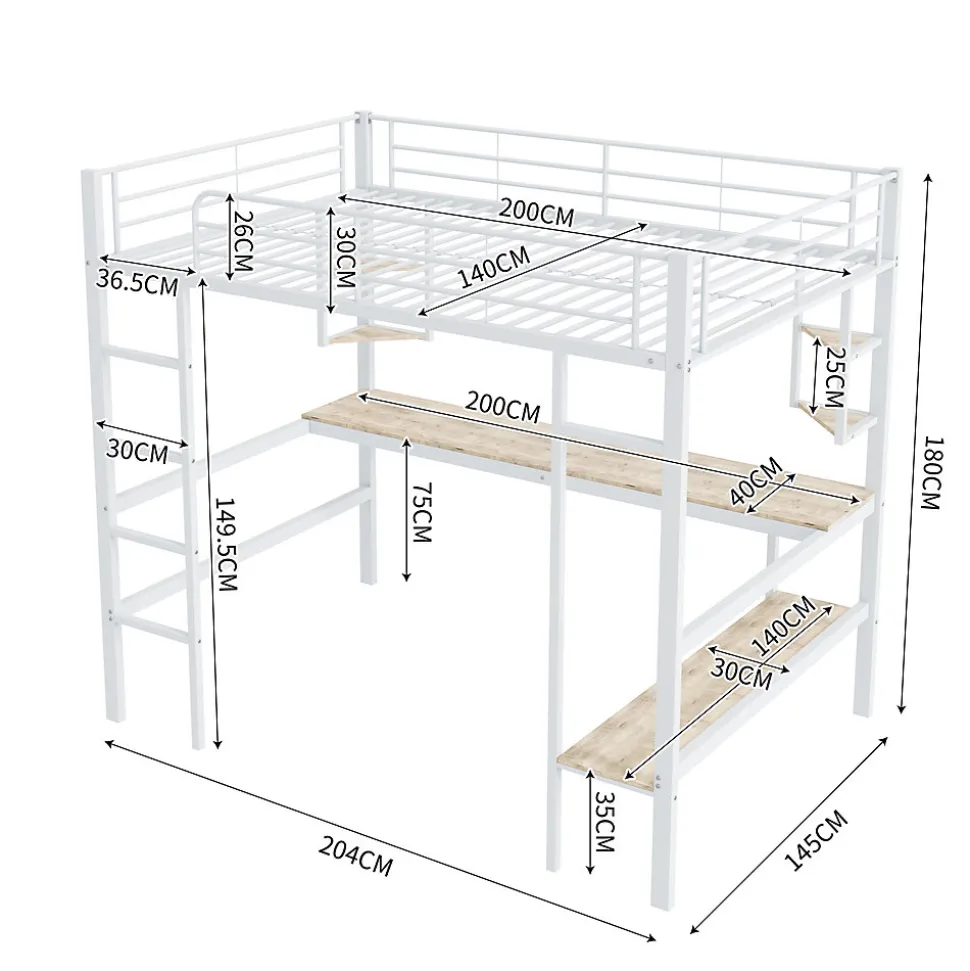 Lit mezzanine 140x200 cm - Lit avec bureau et étagères - Métal + MDF - Sans matelas - Blanc
