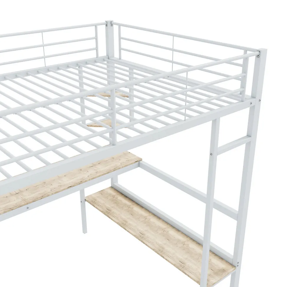 Lit mezzanine 140x200 cm - Lit avec bureau et étagères - Métal + MDF - Sans matelas - Blanc