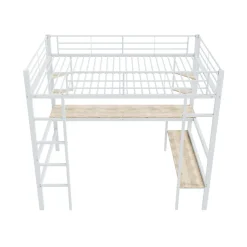 Lit mezzanine 140x200 cm - Lit avec bureau et étagères - Métal + MDF - Sans matelas - Blanc