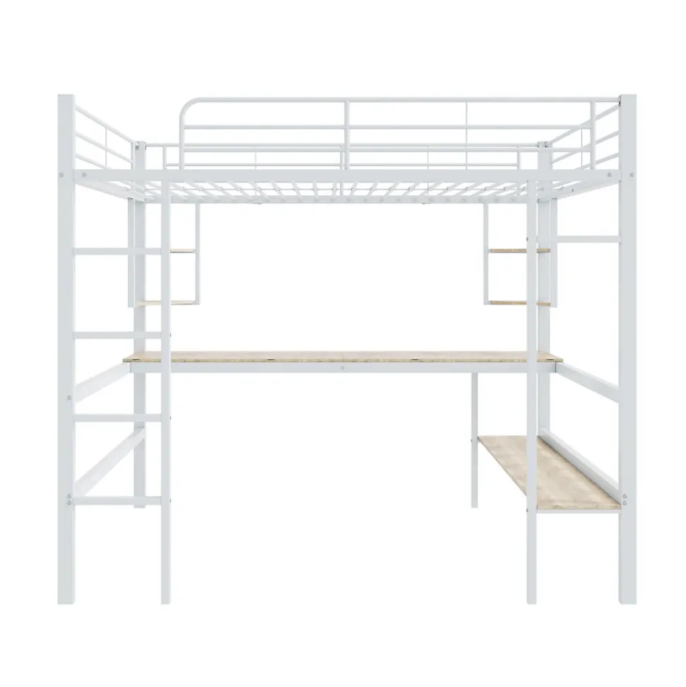 Lit mezzanine 140x200 cm - Lit avec bureau et étagères - Métal + MDF - Sans matelas - Blanc