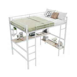 Lit mezzanine 140x200 cm - Lit avec bureau et étagères - Métal + MDF - Sans matelas - Blanc