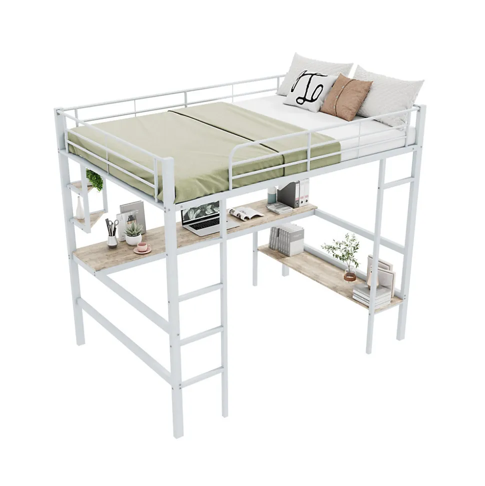 Lit mezzanine 140x200 cm - Lit avec bureau et étagères - Métal + MDF - Sans matelas - Blanc