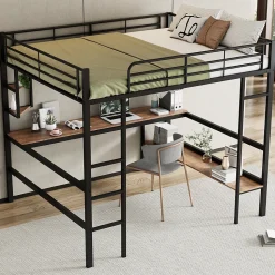 Lit mezzanine 140x200 cm - Lit avec bureau et étagères - Métal + MDF - Sans matelas - Noir