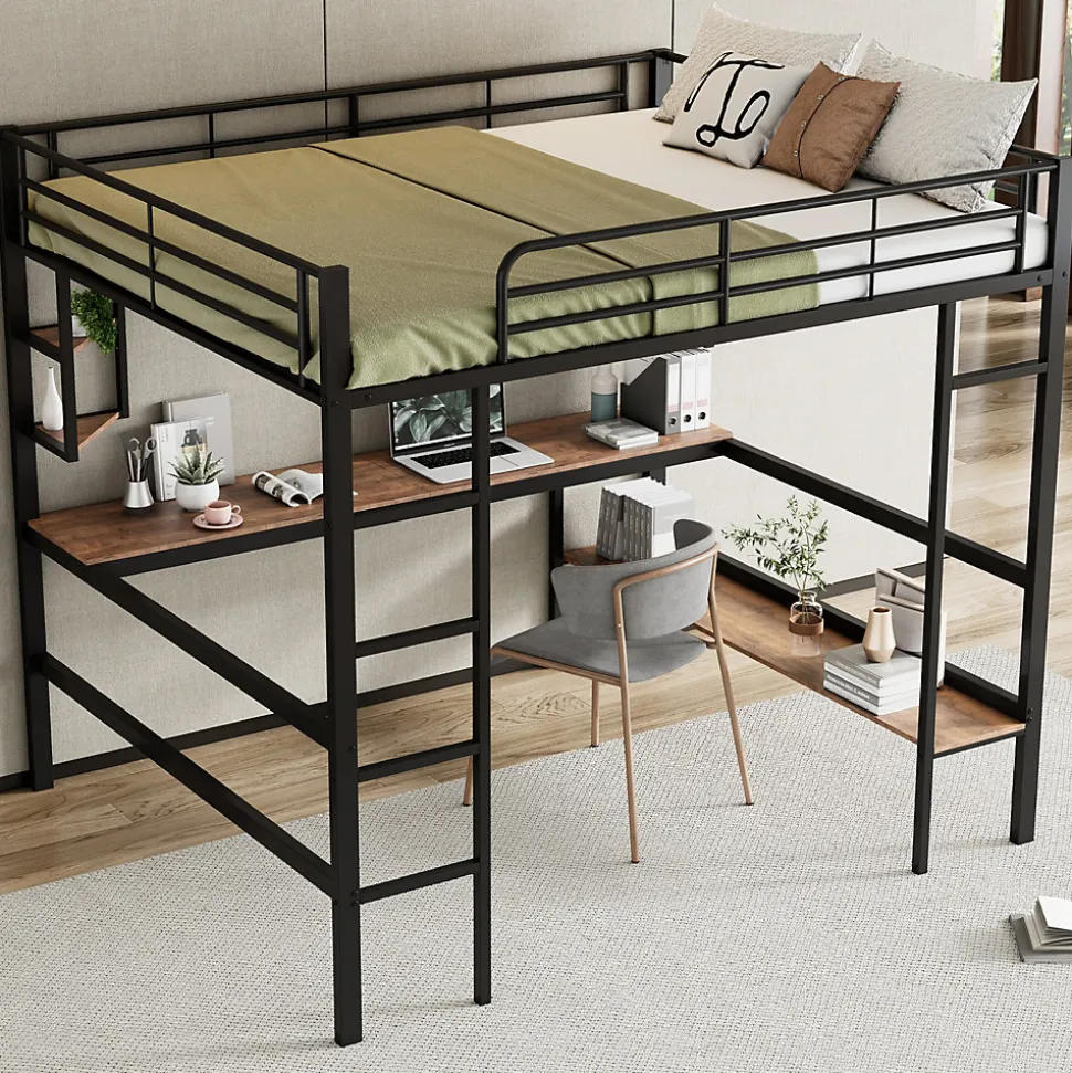 Lit mezzanine 140x200 cm - Lit avec bureau et étagères - Métal + MDF - Sans matelas - Noir