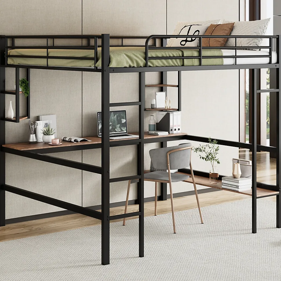 Lit mezzanine 140x200 cm - Lit avec bureau et étagères - Métal + MDF - Sans matelas - Noir