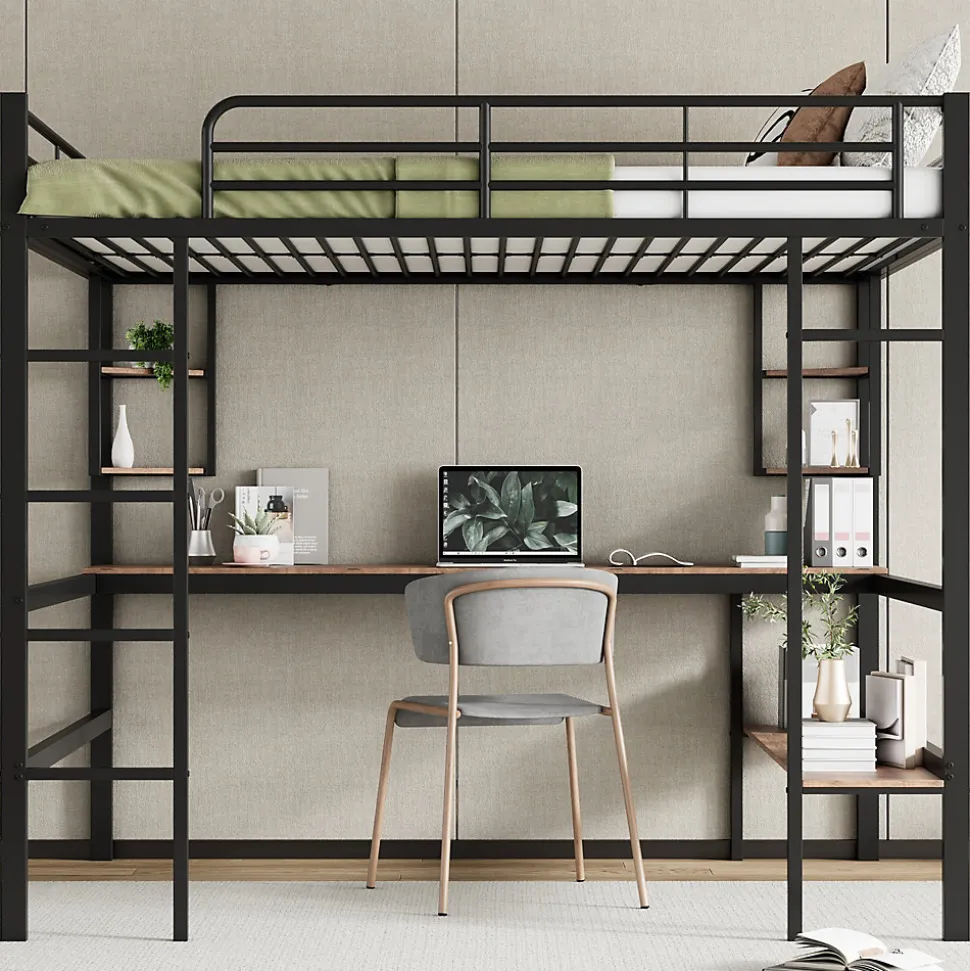 Lit mezzanine 140x200 cm - Lit avec bureau et étagères - Métal + MDF - Sans matelas - Noir