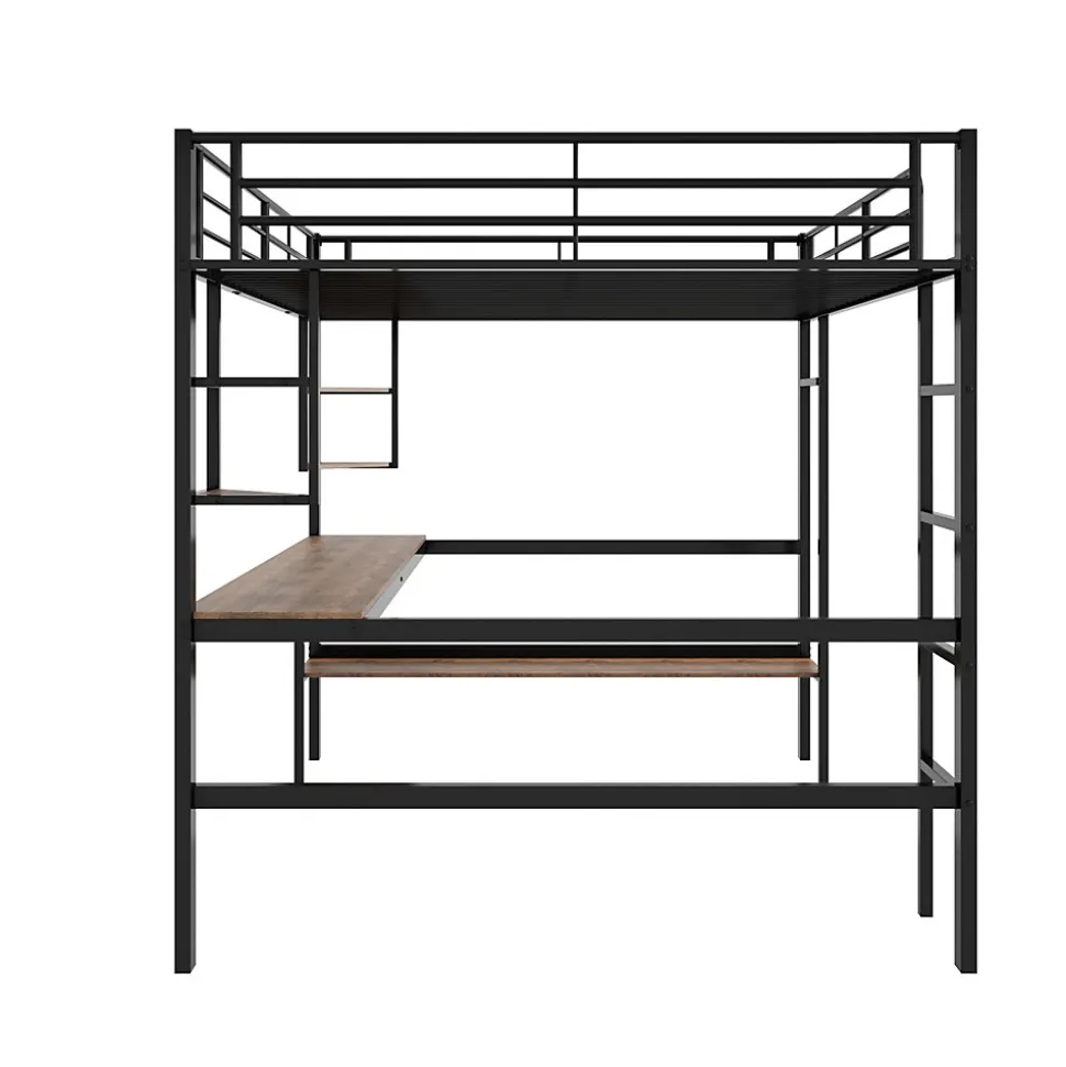 Lit mezzanine 140x200 cm - Lit avec bureau et étagères - Métal + MDF - Sans matelas - Noir