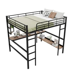 Lit mezzanine 140x200 cm - Lit avec bureau et étagères - Métal + MDF - Sans matelas - Noir