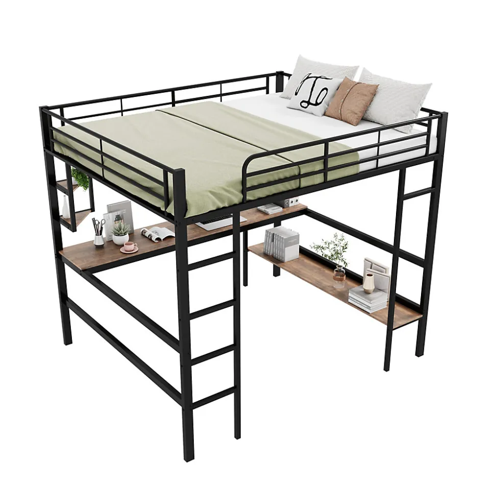 Lit mezzanine 140x200 cm - Lit avec bureau et étagères - Métal + MDF - Sans matelas - Noir