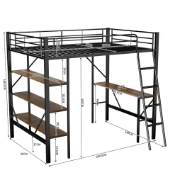 Lit mezzanine 90x200 cm - Lit avec bureau intégré - Structure métal - Sans matelas - Noir