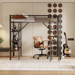 Lit mezzanine 90x200 cm - Lit avec bureau intégré - Structure métal - Sans matelas - Noir