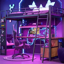 Lit Mezzanine 90x200 cm - Lit Ado avec Bureau Intégré, LED et Ports USB, Panneau Perforé et Rangement, Métal + MDF, Noir