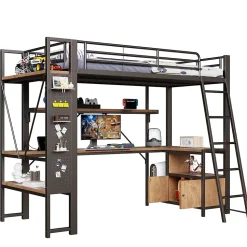 Lit Mezzanine 90x200 cm - Lit Ado avec Bureau Intégré, LED et Ports USB, Panneau Perforé et Rangement, Métal + MDF, Noir