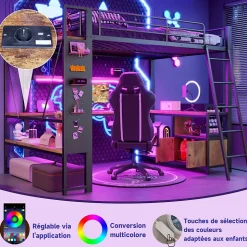 Lit Mezzanine 90x200 cm - Lit Ado avec Bureau Intégré, LED et Ports USB, Panneau Perforé et Rangement, Métal + MDF, Noir