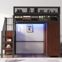 Lit Mezzanine 90x200 cm - Lit Ado avec Armoire et Éclairage LED, Garde-Corps en Filet - Sans Matelas - Métal et MDF - Noir