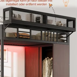 Lit Mezzanine 90x200 cm - Lit Ado avec Armoire et Éclairage LED, Garde-Corps en Filet - Sans Matelas - Métal et MDF - Noir