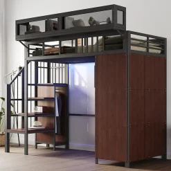 Lit Mezzanine 90x200 cm - Lit Ado avec Armoire et Éclairage LED, Garde-Corps en Filet - Sans Matelas - Métal et MDF - Noir