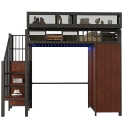 Lit Mezzanine 90x200 cm - Lit Ado avec Armoire et Éclairage LED, Garde-Corps en Filet - Sans Matelas - Métal et MDF - Noir