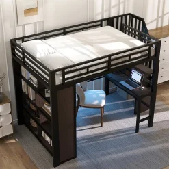 Lit Mezzanine 140x200 cm - Lit Ado avec Bureau Intégré, LED et Escalier de Rangement, Métal + MDF, Noir
