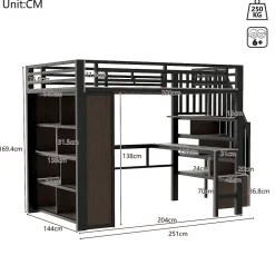 Lit Mezzanine 140x200 cm - Lit Ado avec Bureau Intégré, LED et Escalier de Rangement, Métal + MDF, Noir