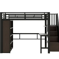 Lit Mezzanine 140x200 cm - Lit Ado avec Bureau Intégré, LED et Escalier de Rangement, Métal + MDF, Noir