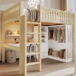 Lit Mezzanine 140x200 cm - Lit Ado avec Bureau Intégré, Armoire et 3 Tiroirs, Échelle et Garde-Corps, Bois Naturel - sans Matelas