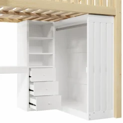 Lit Mezzanine 140x200 cm - Lit Ado avec Bureau Intégré, Armoire et 3 Tiroirs, Échelle et Garde-Corps, Bois Naturel - sans Matelas