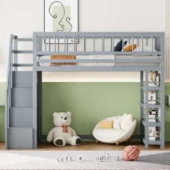 Lit mezzanine 90x200 cm - Lit ados avec clôture, penderie et étagères - Bois - Sans matelas - Gris