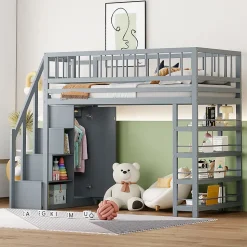 Lit mezzanine 90x200 cm - Lit ados avec clôture, penderie et étagères - Bois - Sans matelas - Gris
