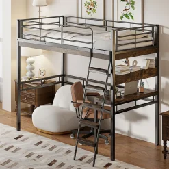 Lit Mezzanine 90x200 cm - Lit Ado avec Bureau et Étagères - Protection Anti-Chute Incluse - Métal et MDF - Noir - Sans Matelas